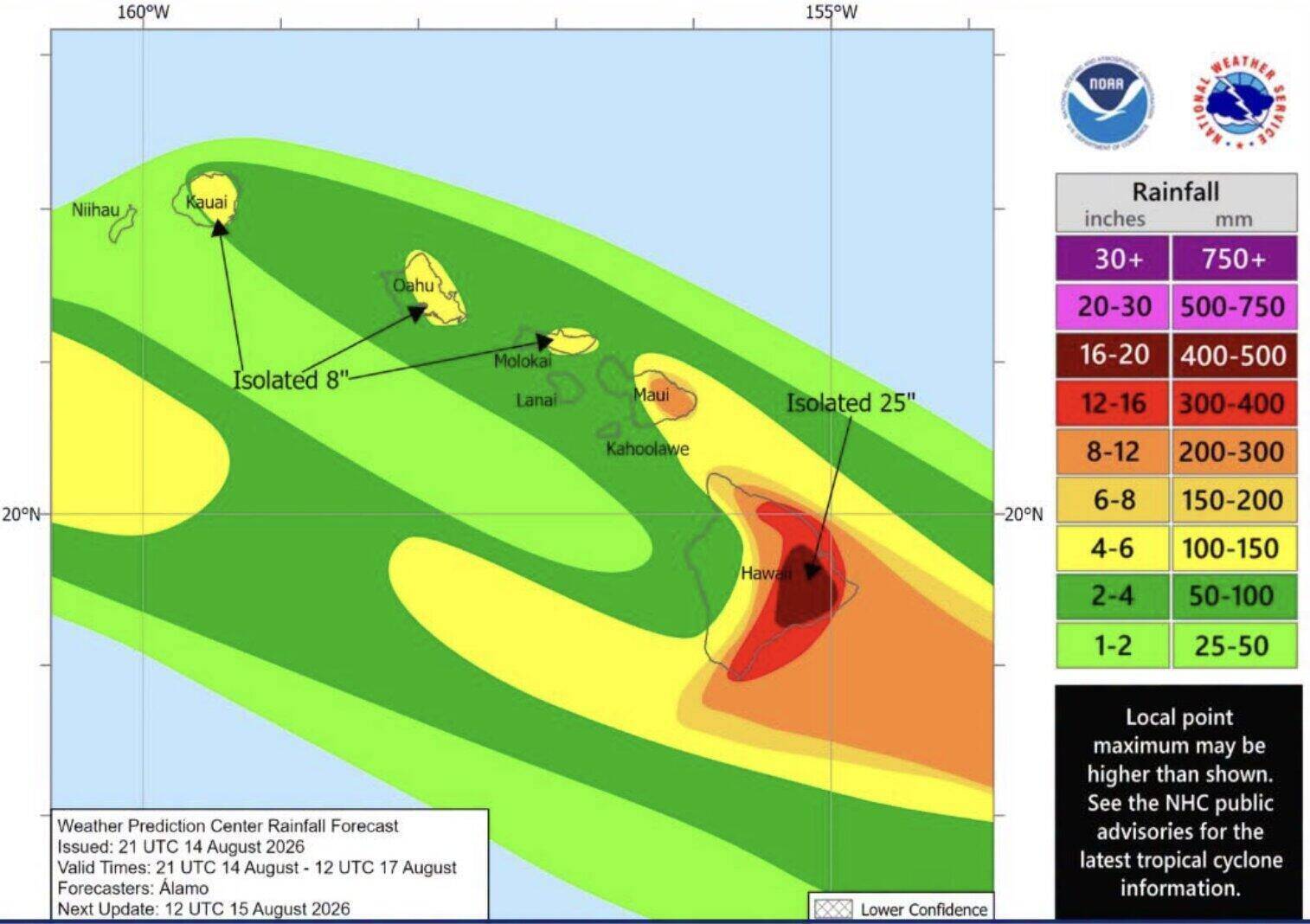 Dự báo lượng mưa do bão nhiệt đới Lala gây ra tại quần đảo Hawaii từ ngày 14-17.8, trong đó đảo Hawaii và Maui có thể hứng lượng mưa lớn, một số nơi lên tới 635mm. Ảnh: NOAA