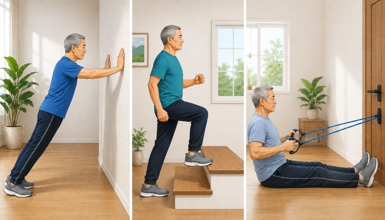 Realizar algunos ejercicios sencillos ayuda a las personas mayores de 60 años a fortalecer los músculos, proteger las articulaciones y mejorar el equilibrio. Foto creada por IA