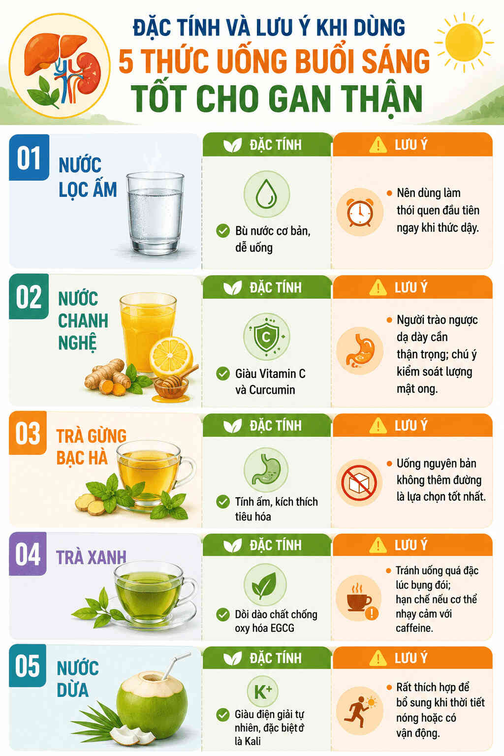 Infographic: Đặc tính và lưu ý khi dùng 5 đồ uống buổi sáng tốt cho gan thận. Đồ họa: AI