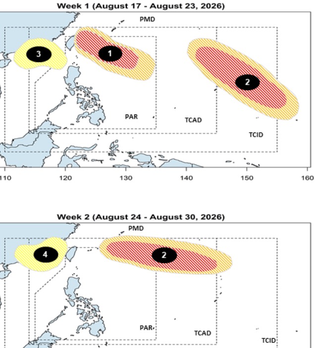 Dự báo bão, áp thấp từ nay tới cuối tháng 8. Ảnh: PAGASA 
