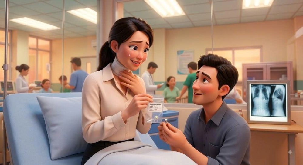 Romantic marriage proposal with a diamond ring and a funny ending. Illustration photo: Al
