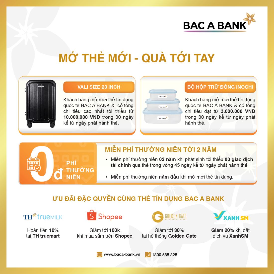 Các quyền lợi từ chương trình “Mở thẻ mới - Quà tới tay. Ảnh: Bac A Bank