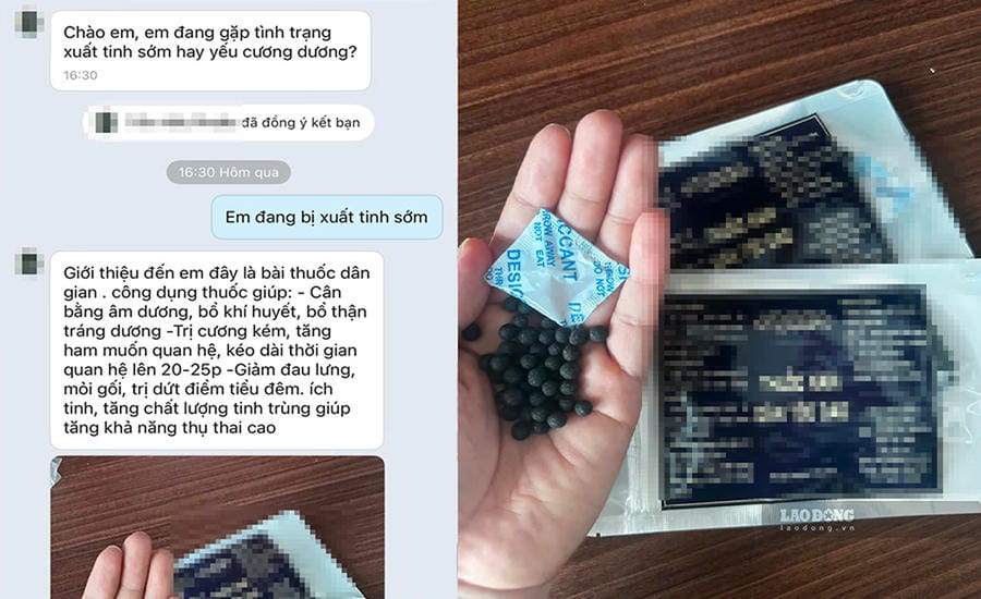 Người bán khẳng định sản phẩm thuốc nam có hiệu quả chỉ sau 2 gói sử dụng, cam kết nhiều vấn đề sức khỏe trong đó có tăng cường sinh lý. Ảnh: Dương Anh