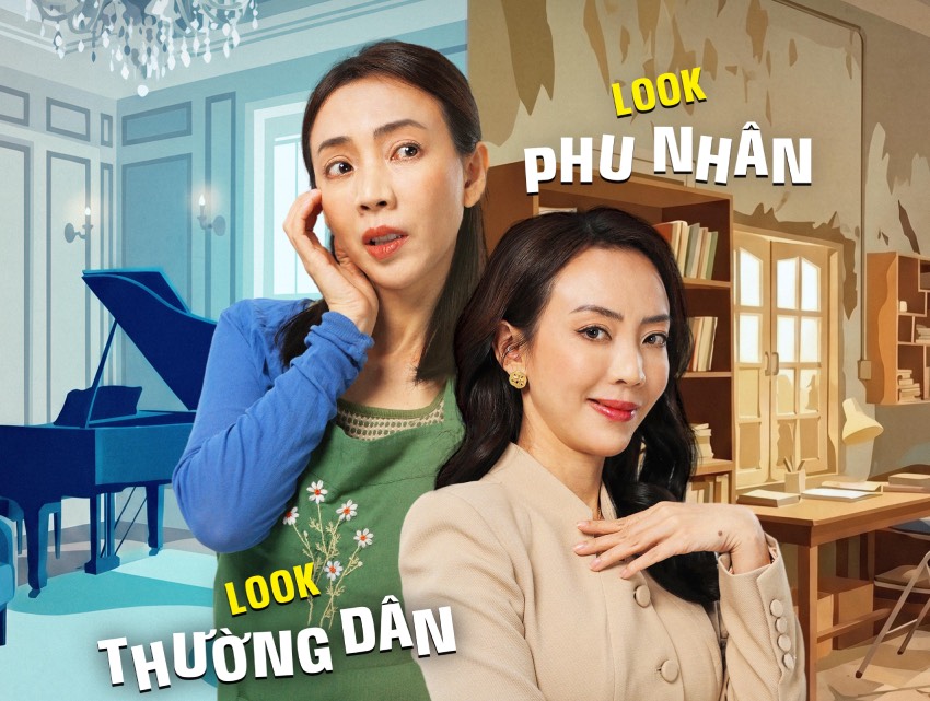Thu Trang - Tien Luat attract attention with the act of pretending to be poor to teach children in "Quy Tu Vuot Rich". Photo: Film crew provided