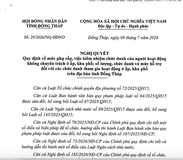  Phụ cấp Trưởng thôn, Bí thư chi bộ, Trưởng ban Công tác Mặt trận ở Đồng Tháp được căn cứ theo Nghị quyết số 29/2026/NQ-HĐND. Ảnh chụp từ Nghị quyết
