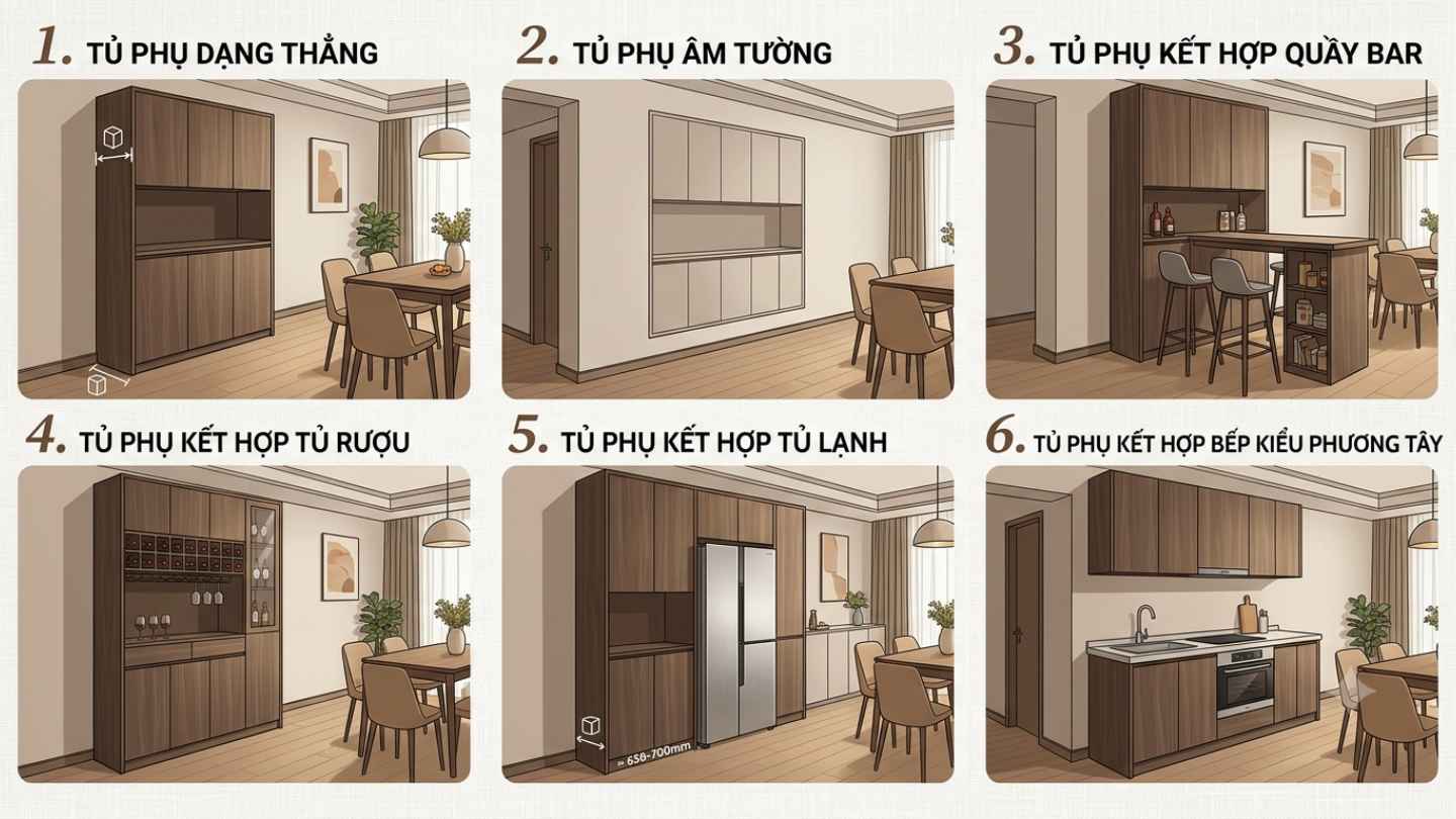 Tủ phụ được thiết kế đa năng, vừa tăng không gian lưu trữ vừa giúp phòng ăn gọn gàng, tiện dụng. Ảnh có sự hỗ trợ của AI