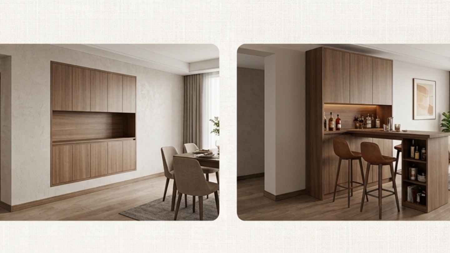 Many types of auxiliary cabinets help flexibly utilize the area, while creating accents for the dining room space. Photo with AI support