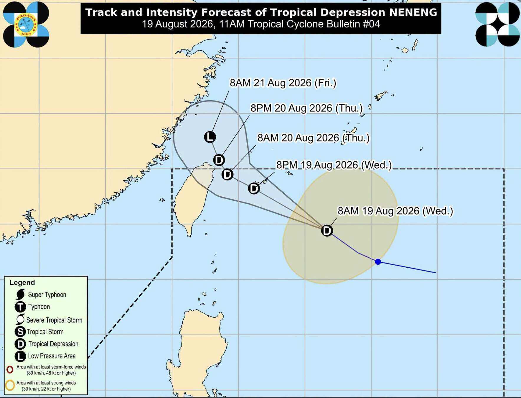 Forecast map of the path and intensity of the Neneng tropical depression published by PAGASA on August 19. Photo: PAGASA