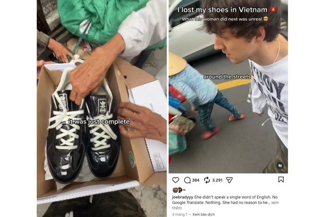 Not sharing the language, a scrap collector woman in Ho Chi Minh City helps Western tourists find shoes for 40 minutes. Photo: Joe Brady