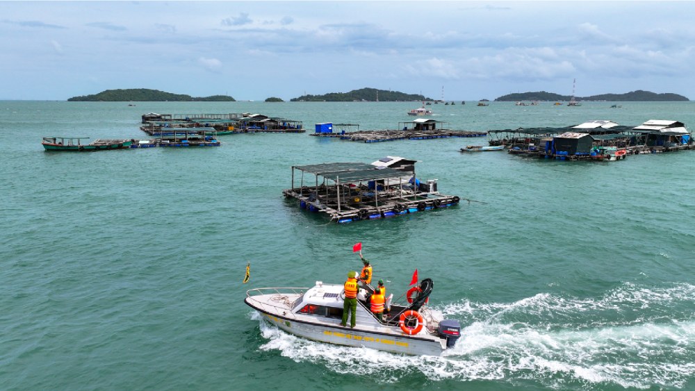 Một trong những nội dung sát với thực tế của xã đảo Tiên Hải là tổ chức sơ tán ngư dân trên các lồng bè và thực hành lai dắt lồng bè nuôi trồng thủy sản ra khỏi khu vực có nguy cơ bị ảnh hưởng bởi bão. Ảnh: Phương Vũ/Bộ CHQS An Giang