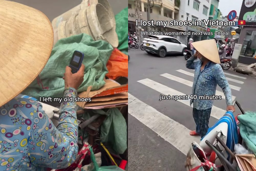 Bà Phùng Thị Tám xác định người phụ nữ mặc áo xanh trong ảnh chính là mình. Thời điểm này, bà đang gọi điện cho một người đồng nghiệp để hỏi thăm, tìm lại đôi giày thất lạc của Joe Brady.