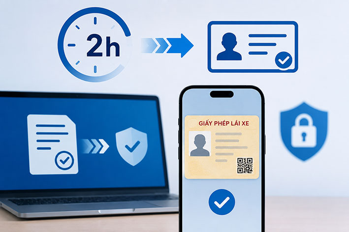 Bộ Công an phản hồi những băn khoăn của một số địa phương liên quan việc cấp giấy phép lái xe điện tử trong vòng 2 giờ. Đồ họa: Quang Việt (hỗ trợ bởi công cụ AI)