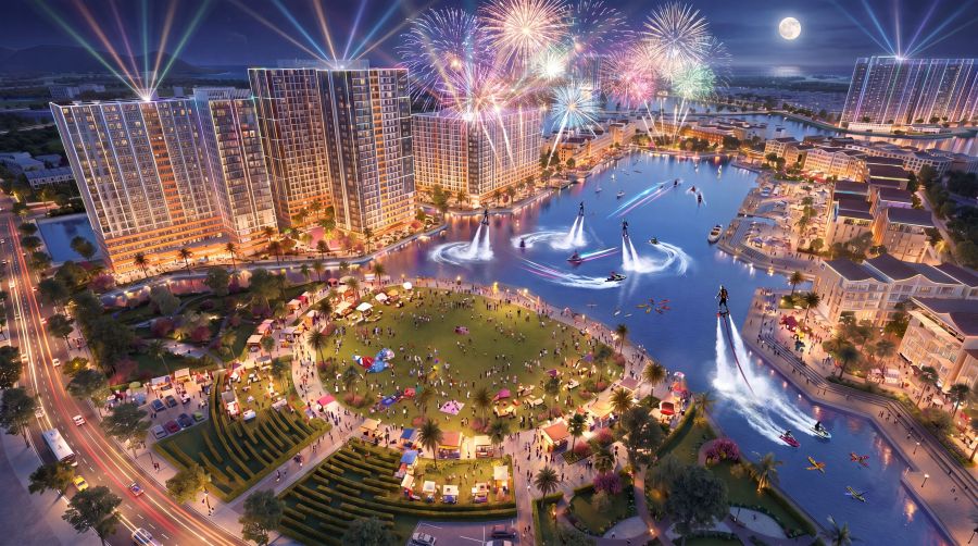 Shows, fireworks and the VUI-Fest night market activate the bustling nightlife at Festival Island. Photo: Sun Property