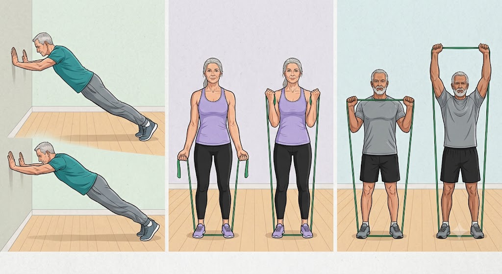 Performing 3 upper body exercises with resistance ropes and walls will help people over 55 strengthen their muscles. Photo created by AI