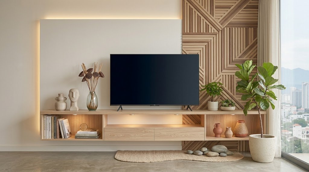 Arranging and decorating TV shelves reasonably will help elevate living space. Photo created by AI
