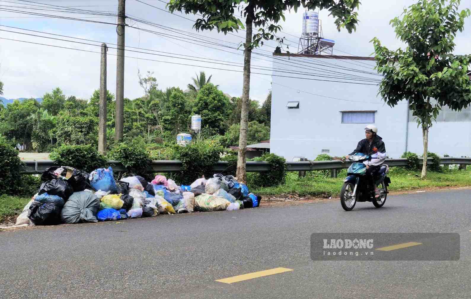 Rác thải bì ứ đọng trên đường Đào Duy từ phường 1 Bảo Lộc vào sáng 2.8. Ảnh: Phúc Khánh