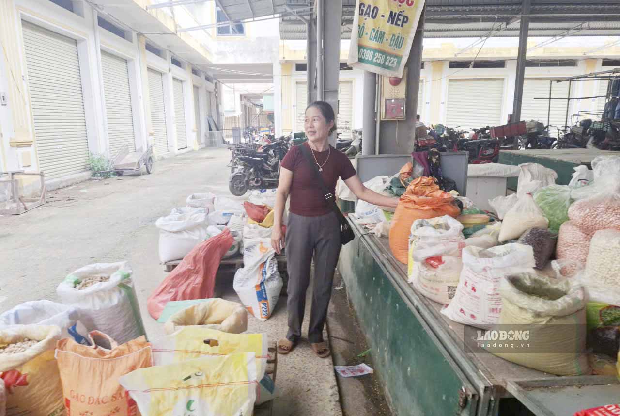 Bà Phúc nói về việc kinh doanh khó khăn, ế ẩm ở chợ Bình Hương. Ảnh: Trần Tuấn