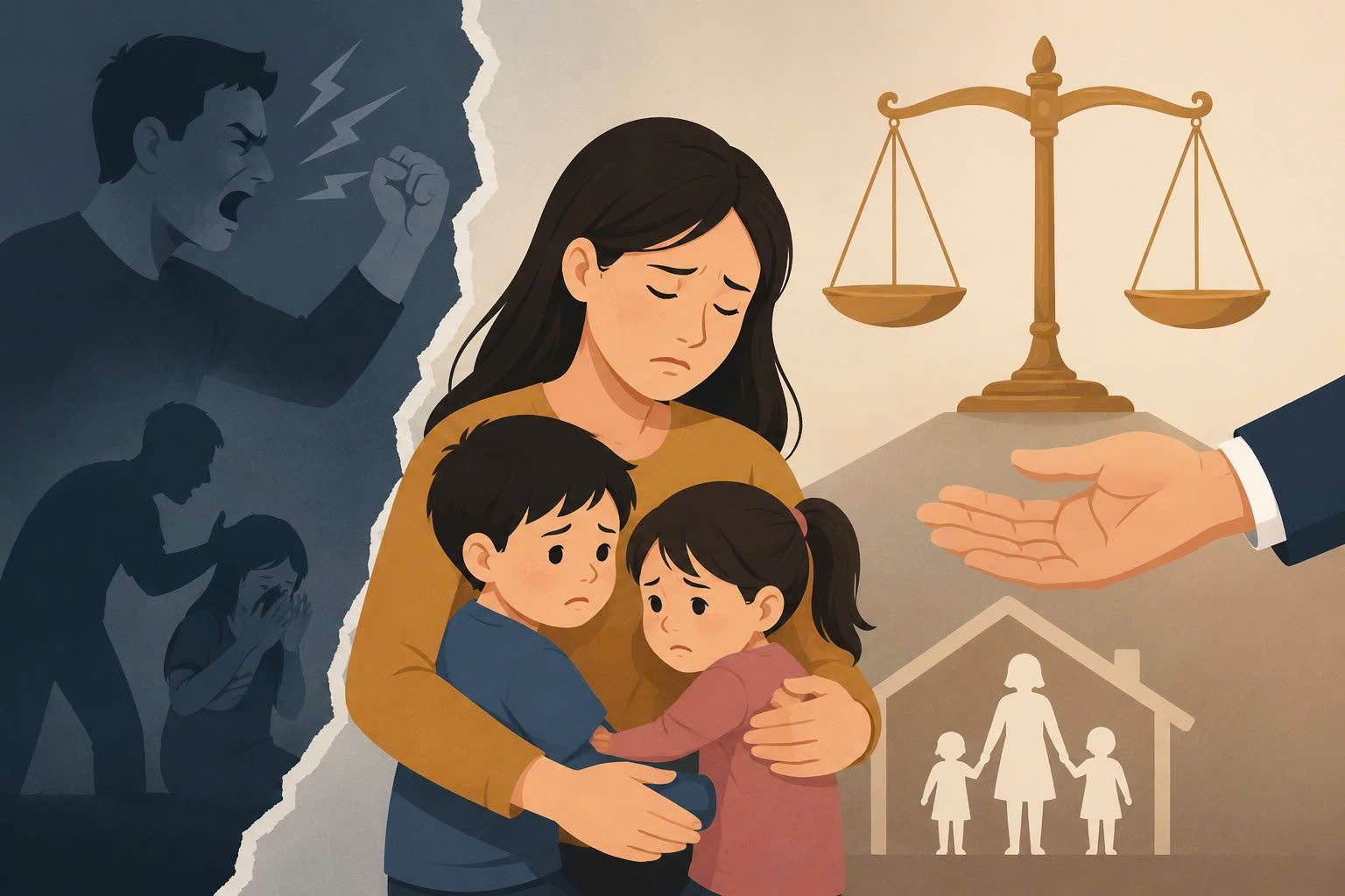 Being abused by her husband for many years, the wife wants to divorce and win custody of the child. Graphics: Pham Ngoc (AI-supported implementation)