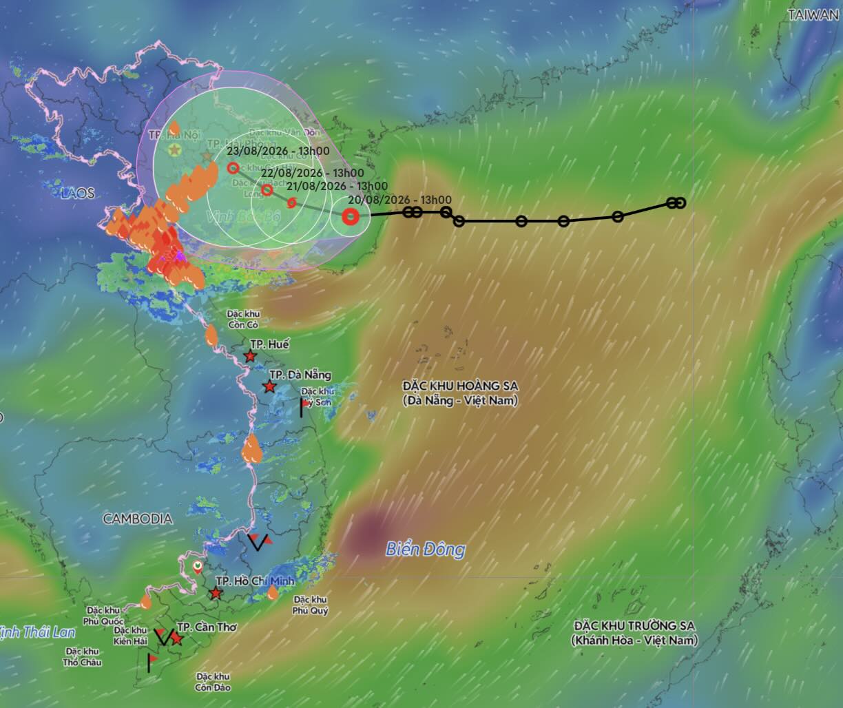 Updated at 2:00 PM on August 20th on the location and path of the tropical depression that is likely to strengthen into a storm. Source: Vietnam Disaster Monitoring System