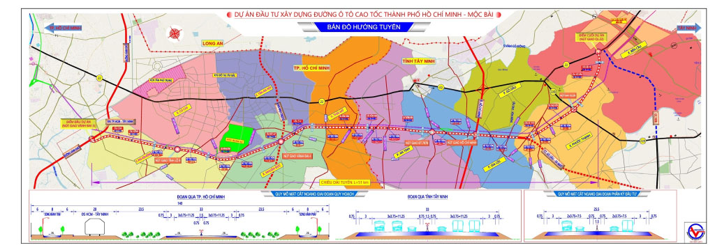 Bản đồ hướng tuyến dự án đầu tư xây dựng đường cao tốc TP.Hồ Chí Minh - Mộc Bài. Ảnh Trung tâm quỹ đất Tây Ninh