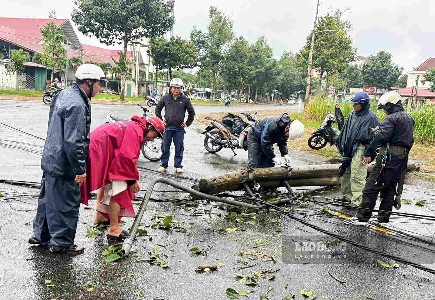 Trụ điện bị gãy đổ do mưa lớn, lốc xoáy. Ảnh: Biện Long