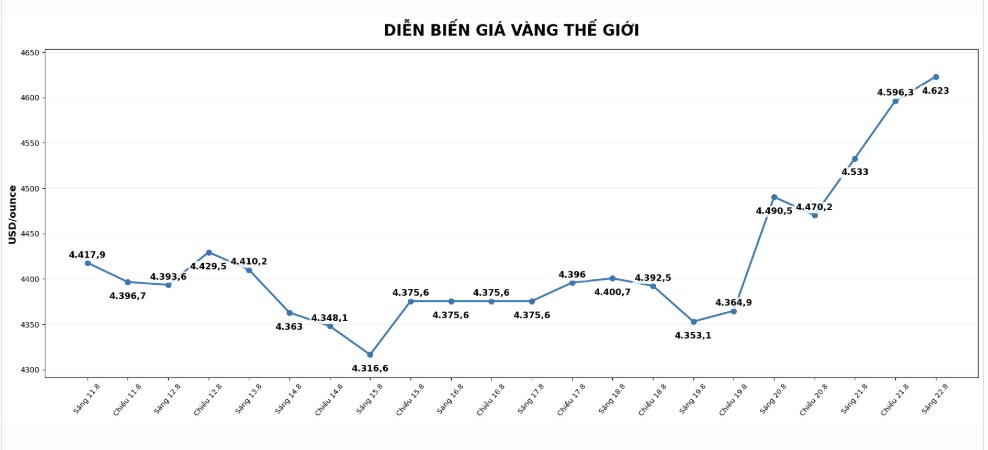 Diễn biến giá vàng thế giới những phiên giao dịch gần đây. Biểu đồ: AI