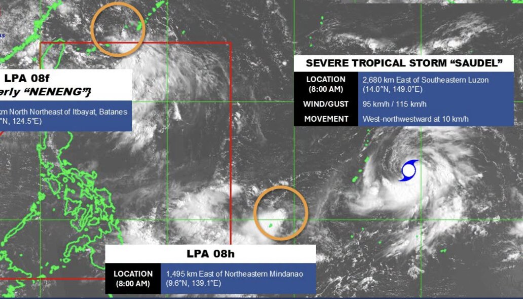 Las imágenes de satélite muestran la ubicación del tifón tropical Saudel y las 2 zonas de baja presión LPA 08f, LPA 08h que se están monitoreando frente a la costa de Filipinas en la mañana del 21 de agosto de 2026. Foto: PAGASA