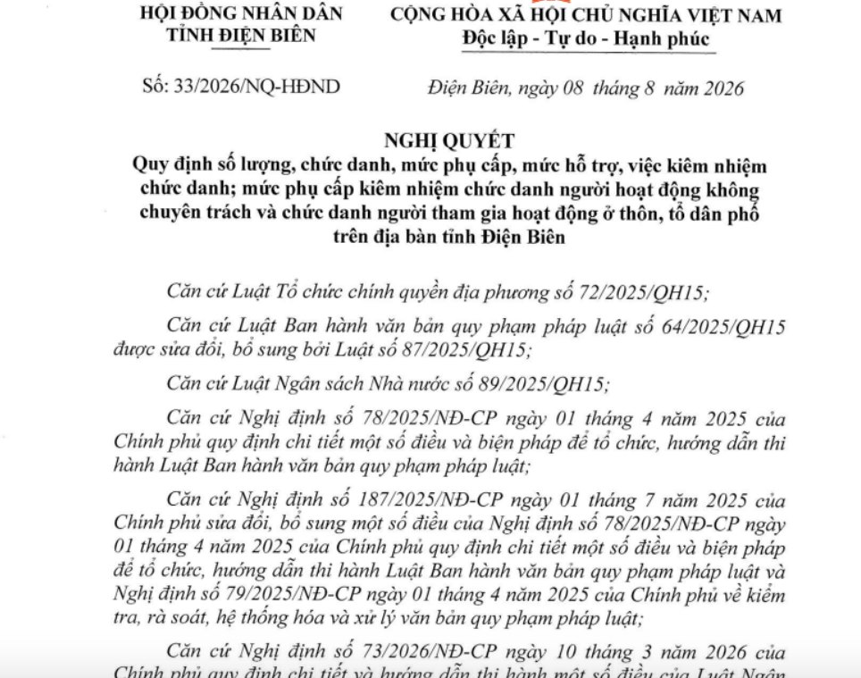 Phụ cấp Trưởng thôn, Bí thư chi bộ, Trưởng Ban công tác Mặt trận ở Điện Biên được căn cứ theo Nghị quyết 33/2026/NQ-HĐND. Ảnh chụp Nghị quyết