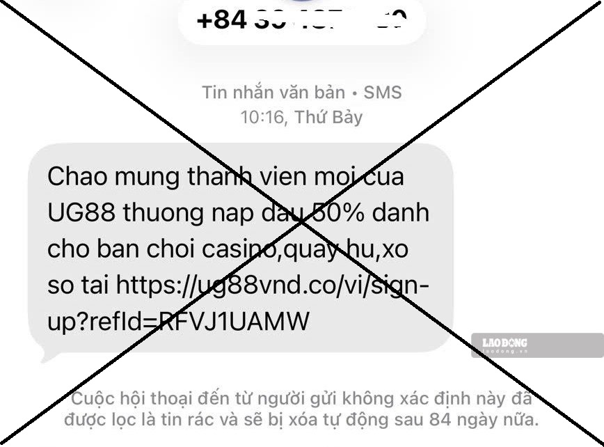 Một tin nhắn rác được gửi đến một số điện thoại đã được xác thực chính chủ. Ảnh: Nguyễn Đăng