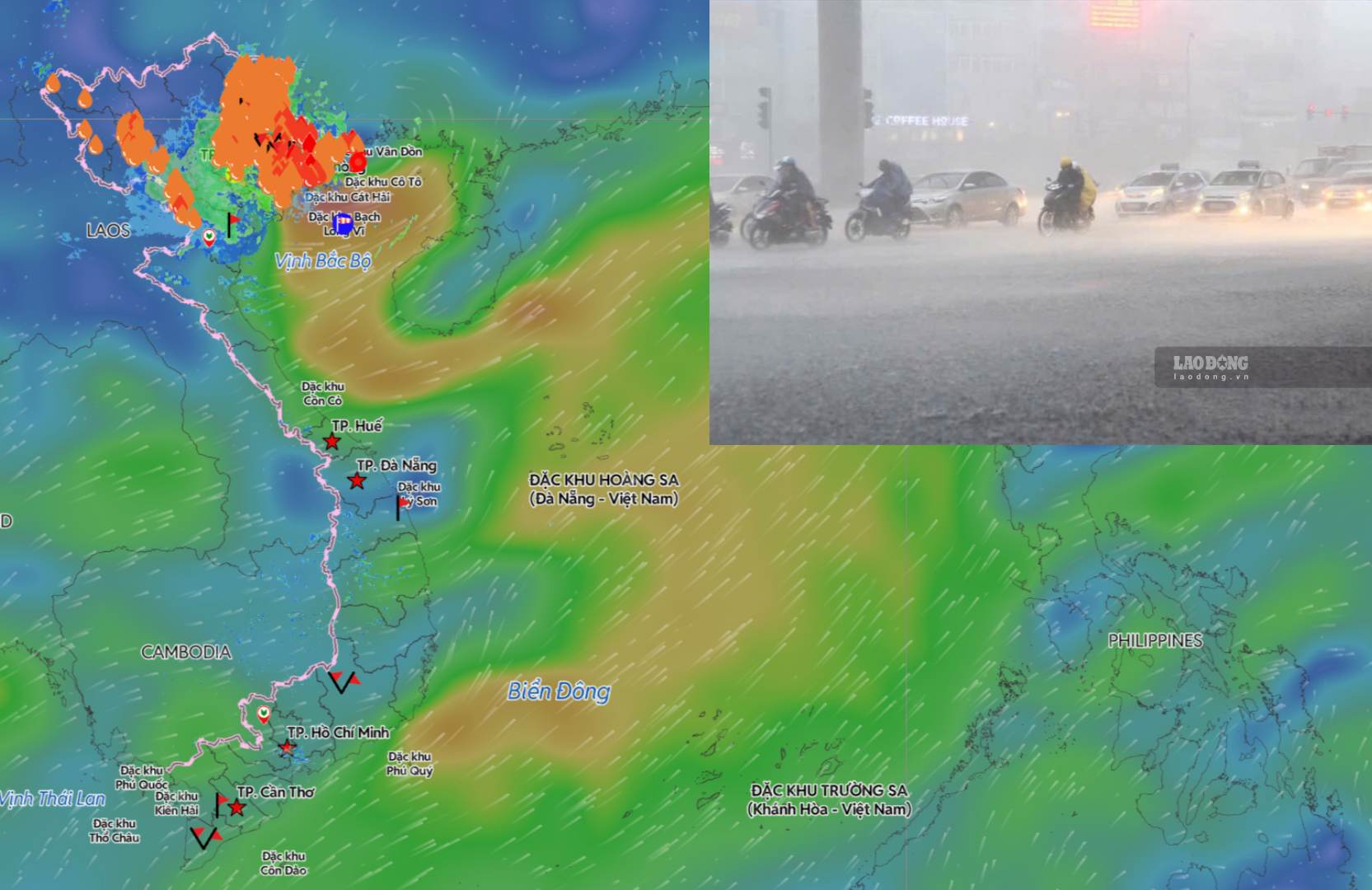 Currently, storm No. 4 is operating in the sea area of Quang Ninh - Hai Phong, causing heavy rain in the Northeast region. Photo compiled by: An An/Source: Vietnam Disaster Monitoring System