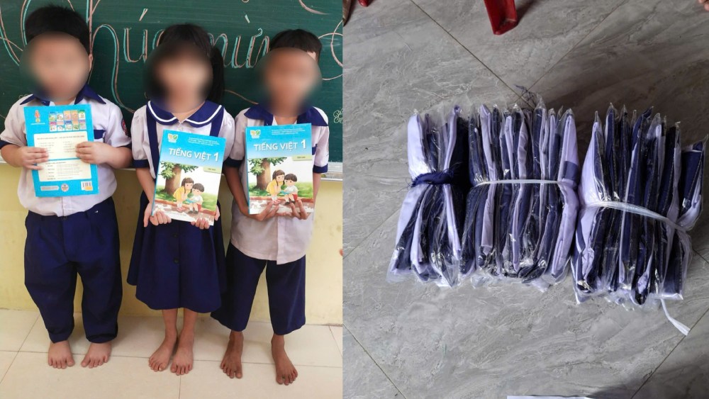 Sách giáo khoa và đồng phục do bà Đinh Thị Thanh Thúy cùng mạnh thường quân hỗ trợ cho học sinh khó khăn những năm học trước. Ảnh: Thúy Đinh cung cấp