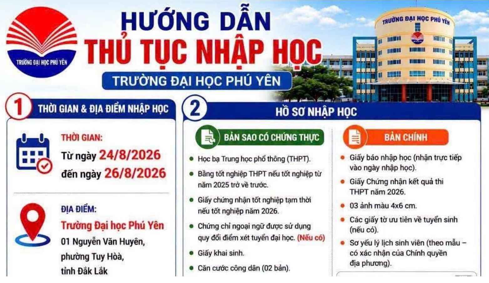 Lịch nhập học tại Trường Đại học Phú Yên năm 2026. Ảnh: Nhà trường