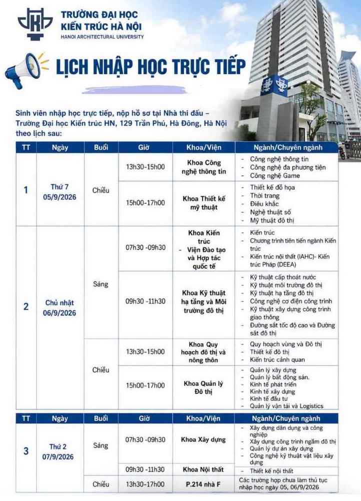 Lịch nhập học năm 2026 của Trường Đại học Kiến trúc Hà Nội. Ảnh: Nhà trường