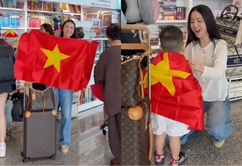 Chu Thanh Huyen and his son Lido went to Thailand to cheer for Quang Hai in the 2026 ASEAN Cup finals. Photo: NVCC