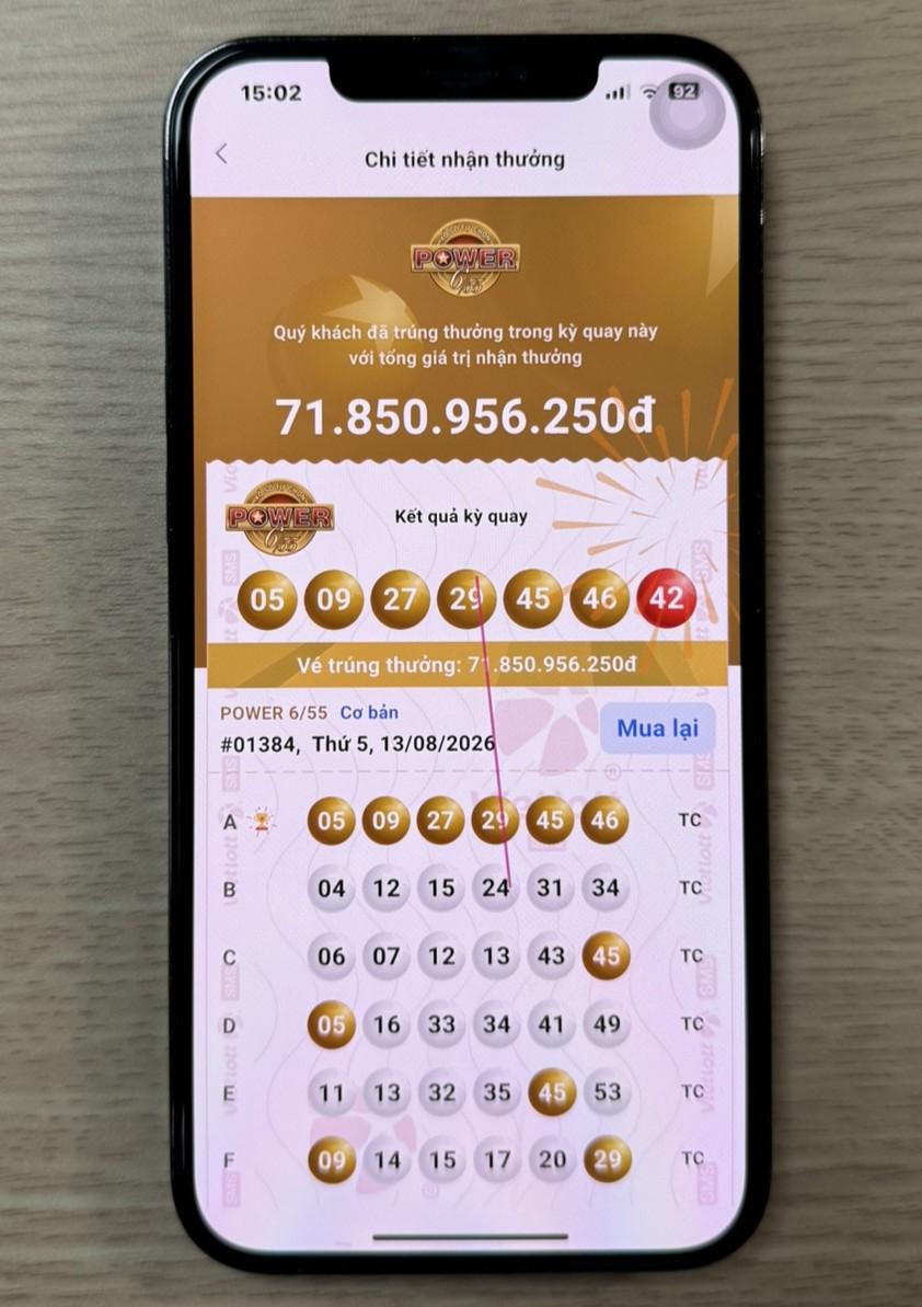Tấm vé may mắn đem lại giải Jackpot trị giá hơn 71,8 tỉ đồng cho ông H. Ảnh: Vietlott