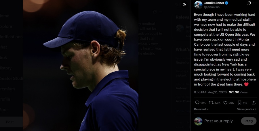 Jannik Sinner's post on X page about his decision to withdraw from the US Open 2026. Photo: CMH