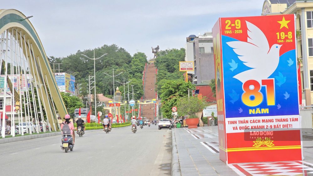 Chim bồ câu - biểu tượng hoà bình được in trên các tấm pano, biểu ngữ. Ảnh: Thành An