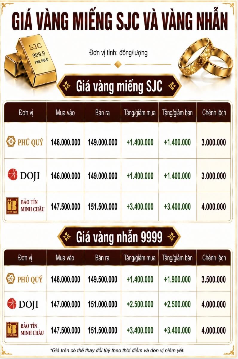 Giá vàng miếng SJC và nhẫn trơn tại một số đơn vị kinh doanh. Đơn vị: đồng/lượng. Đồ họa: AI