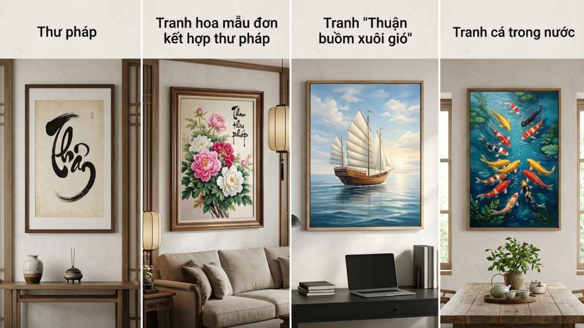 Tranh thư pháp và tranh hoa tạo điểm nhấn, giúp không gian sống thêm hài hòa, ấn tượng. Ảnh có sự hỗ trợ của AI