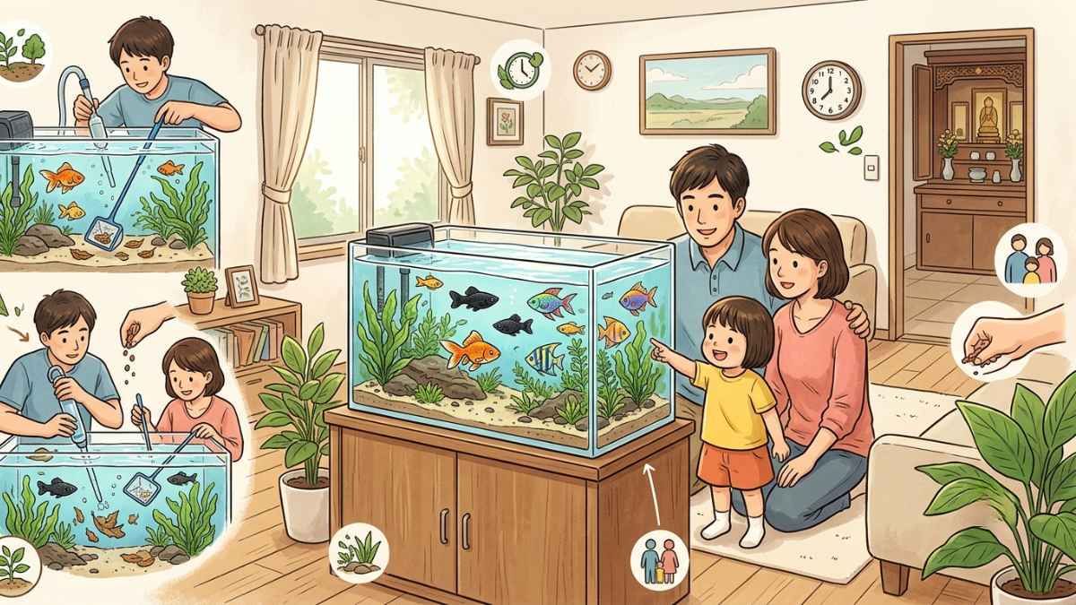 Bể cá giúp không gian sống thêm sinh động, gần gũi với thiên nhiên. Ảnh có sự hỗ trợ của AI
