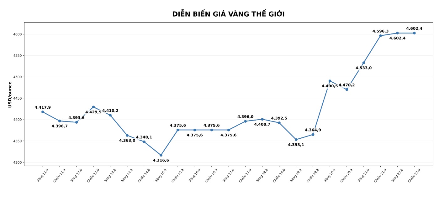 Diễn biến giá vàng thế giới những phiên giao dịch gần đây. Biểu đồ: AI