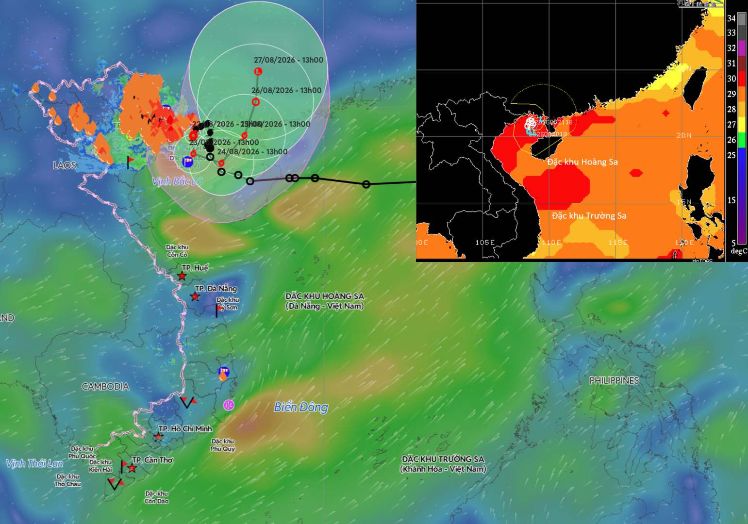Storm No. 4 is located in a sea area with high temperatures. Photo compiled by: An An/ Source: Vietnam Disaster Monitoring System and National Center for Hydro-Meteorological Forecasting
