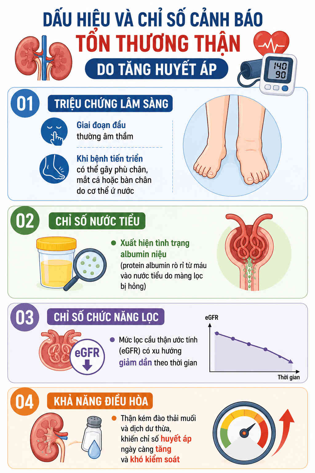 Infographic: Các dấu hiệu và chỉ số cảnh báo tổn thương thận do tăng huyết áp. Đồ họa: AI