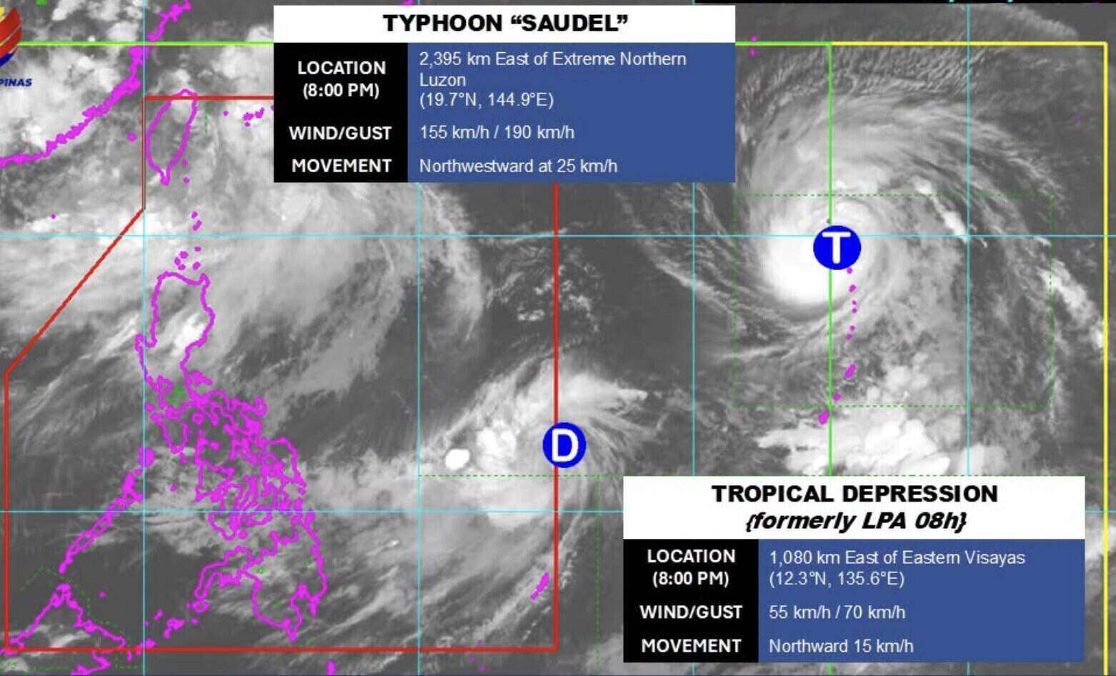 Bão Saudel và một áp thấp nhiệt đới ở phía đông Philippines lúc 20h ngày 22.8. Ảnh: PAGASA