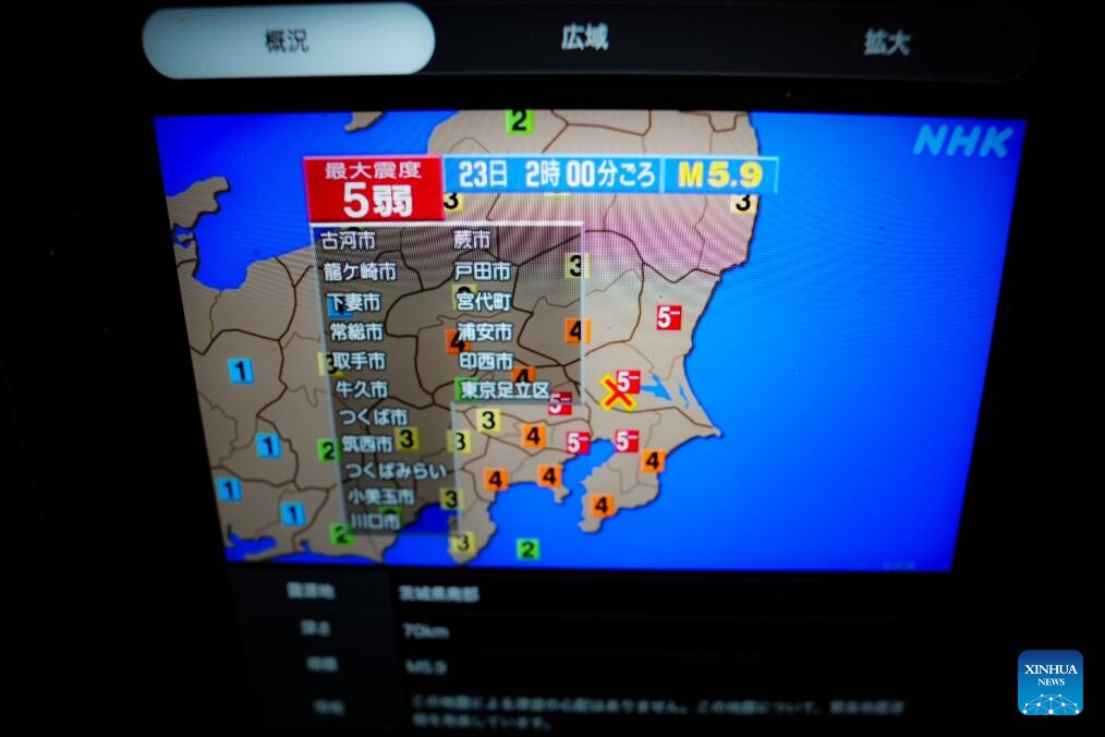Screen displaying information about the earthquake in Tokyo, Japan, August 22. The earthquake with an initial magnitude of 5.9 occurred in Ibaraki Prefecture, northeast of Tokyo. Photo: Xinhua