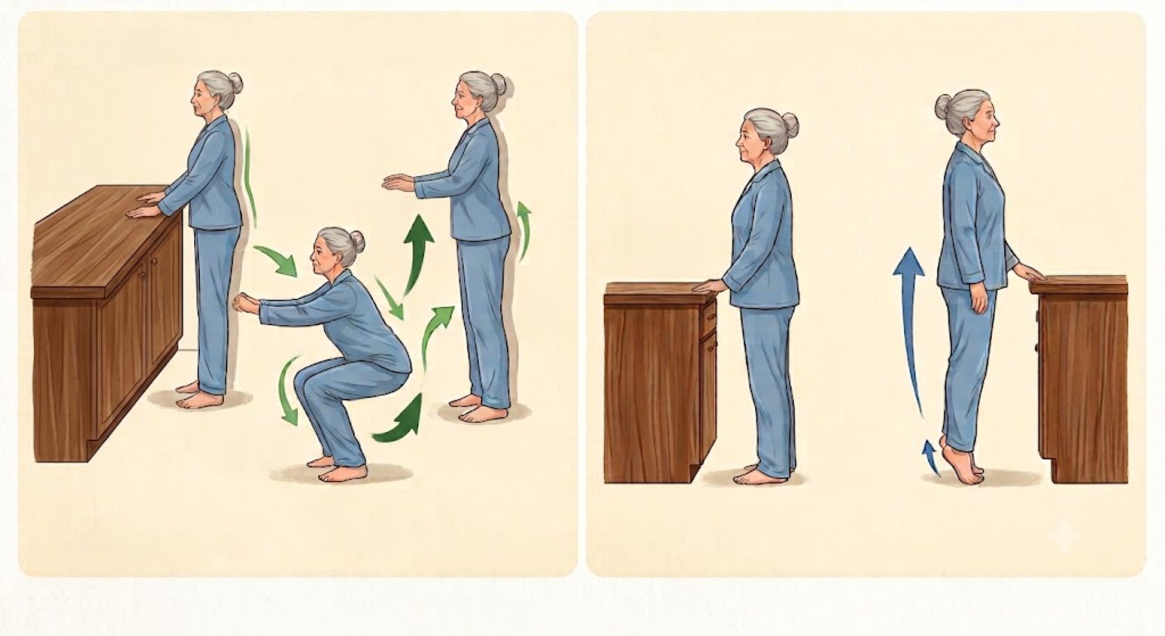 Simple exercise to help restore leg strength after age 65. Photo created by AI
