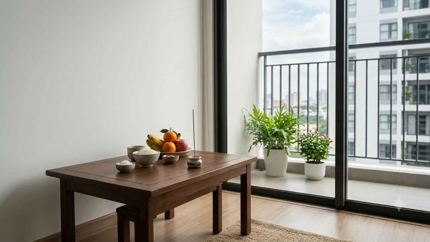 Offering to wandering souls in apartments needs to comply with private space and building safety regulations. Photo provided with AI support