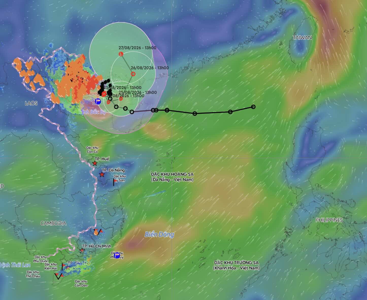 8月23日午後2時の台風4号の位置と進路の最新情報。出典:ベトナム災害監視システム