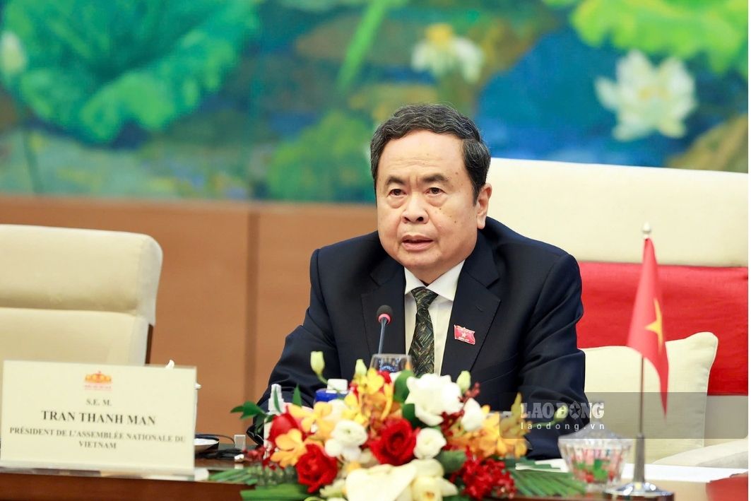 Uỷ viên Bộ Chính trị, Chủ tịch Quốc hội Trần Thanh Mẫn phát biểu tại hội đàm. Ảnh: Hải Nguyễn