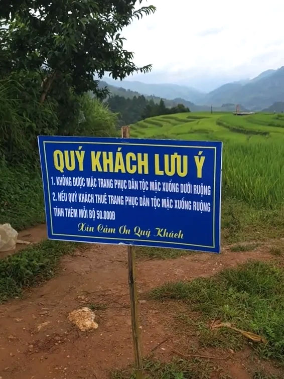 Một số người dân cắm biển thu thêm phí khi du khách xuống ruộng chụp ảnh gây tranh cãi. Ảnh: Nga Thích Núi.